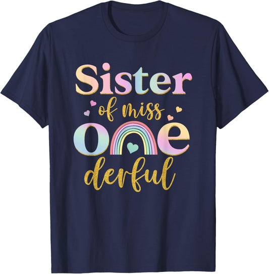 Sister of Miss Onederful 1st Birthday Girl Cute Rainbow T-Shirt - T-Shirt | Navy