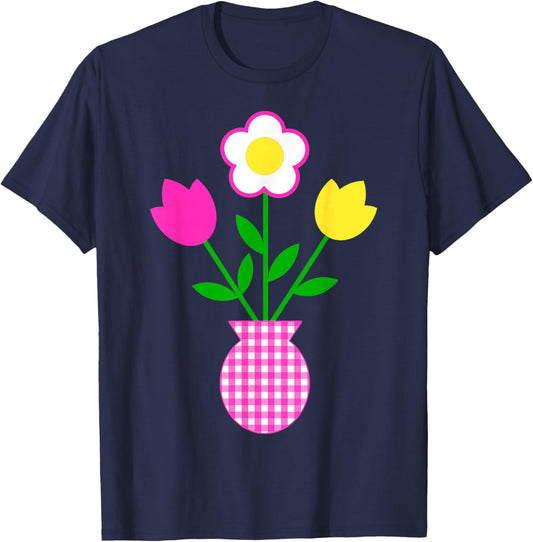 Pink Yellow White Flowers in Tartan Pattern Pot Shapes Mania T-Shirt - T-Shirt | Navy