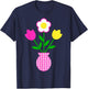 Pink Yellow White Flowers in Tartan Pattern Pot Shapes Mania T-Shirt - T-Shirt | Navy