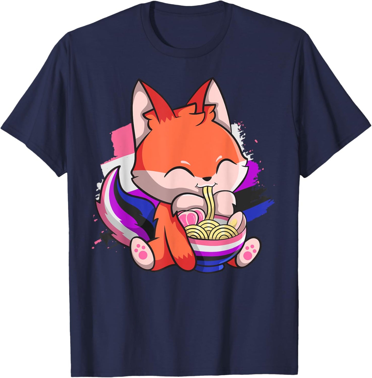 Genderfluid Pride Kawaii Fox Ramen Noodles Genderfluid Flag T-Shirt - T-Shirt | Navy
