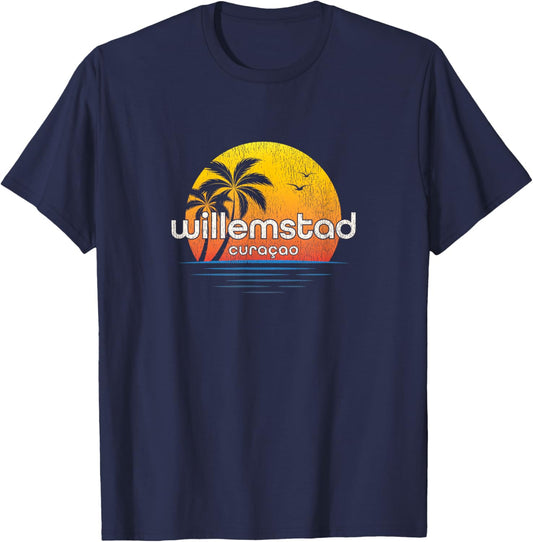 Willemstad Vintage Palm Tree Sunset T-Shirt - T-Shirt | Navy