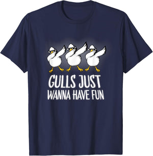 Gulls Just Wanna Have Fun Wordplay Seagull Dabbing Dab Dance T-Shirt - T-Shirt | Navy