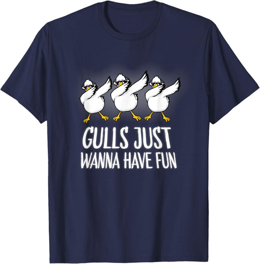 Gulls Just Wanna Have Fun Wordplay Seagull Dabbing Dab Dance T-Shirt - T-Shirt | Navy