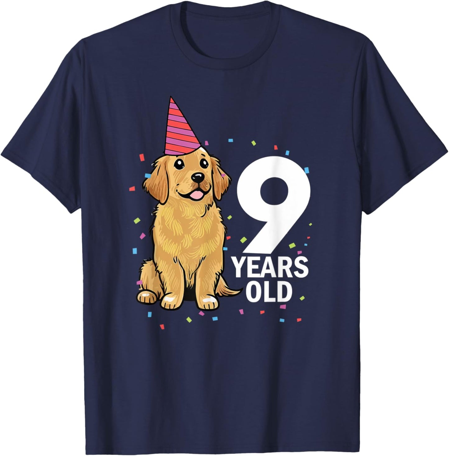 Cute 9 Years Old Birthday Golden Retriever Dog 9th Party Kid T-Shirt - T-Shirt | Navy