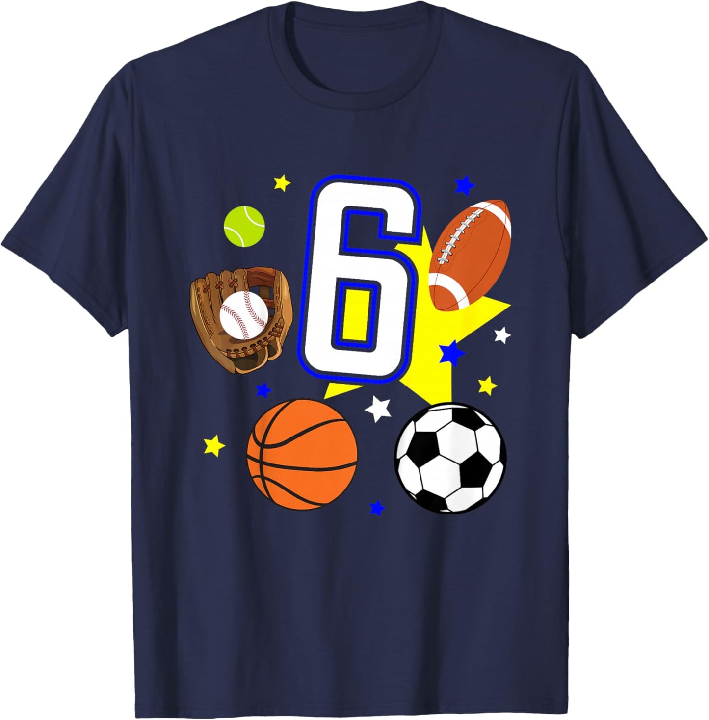 Kids 6th Birthday Sports Birthday Theme 6 Year Old Boy T-Shirt - T-Shirt | Navy