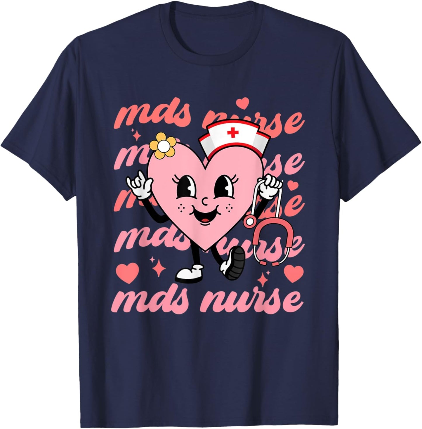 Retro MDS Nurse Valentines Day Hearts Stethoscope Nursing T-Shirt - T-Shirt | Navy