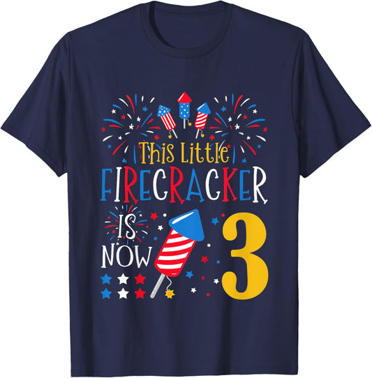 This Little Firecracker Is Now 3 4th of July 3rd Birthday T-Shirt - T-Shirt | Navy