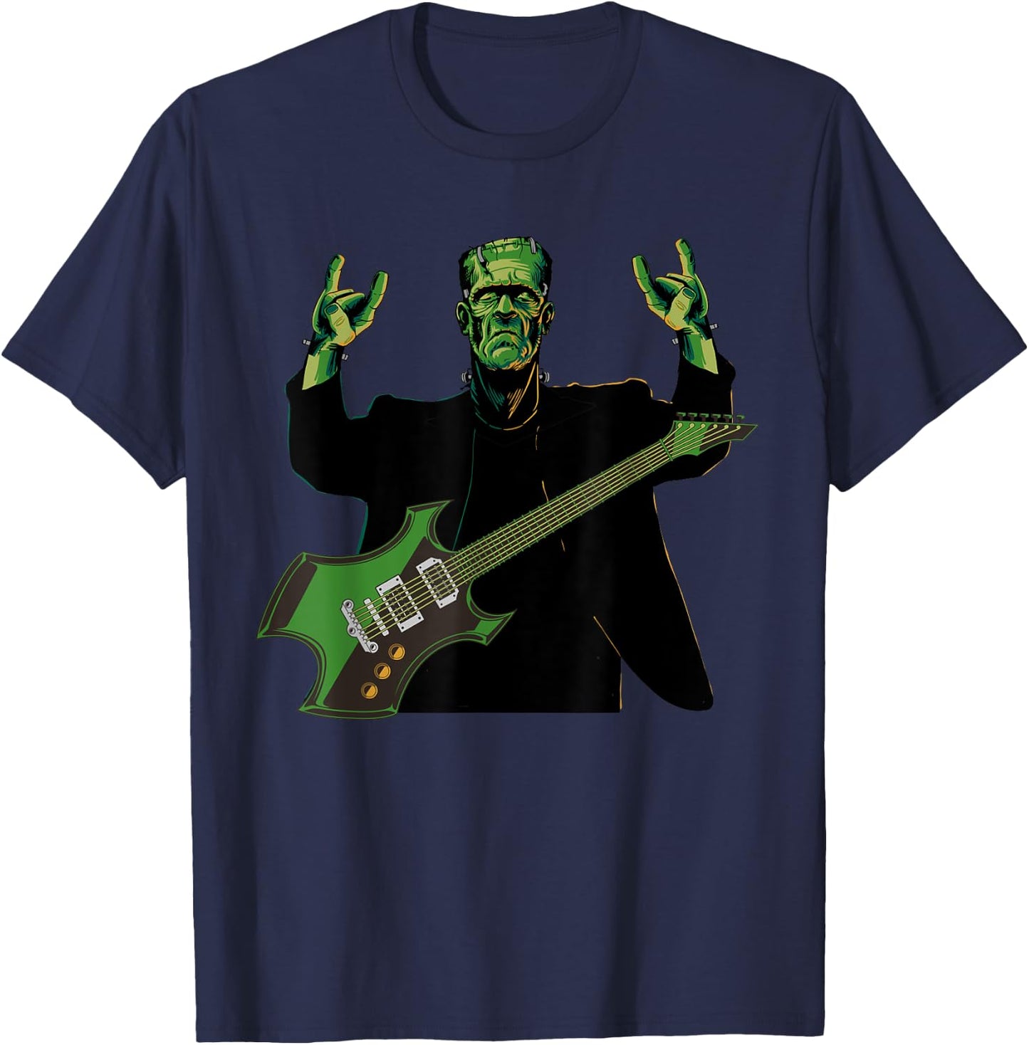 Rock Hands Frankenstein Guitar Player Funny Halloween T-Shirt - T-Shirt | Navy