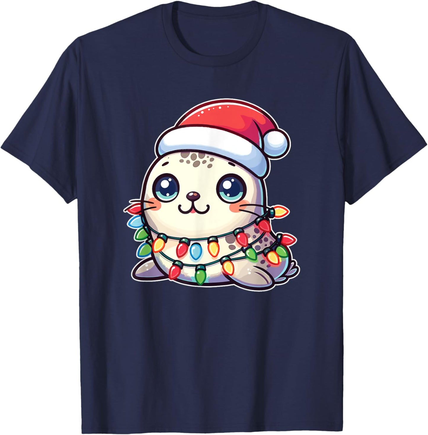 Santa Hat Christmas Fairy Lights Seal T-Shirt - T-Shirt | Navy