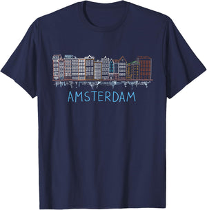 Amsterdam Houses Unique Hand Drawn Art T-Shirt - T-Shirt | Navy