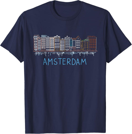 Amsterdam Houses Unique Hand Drawn Art T-Shirt - T-Shirt | Navy