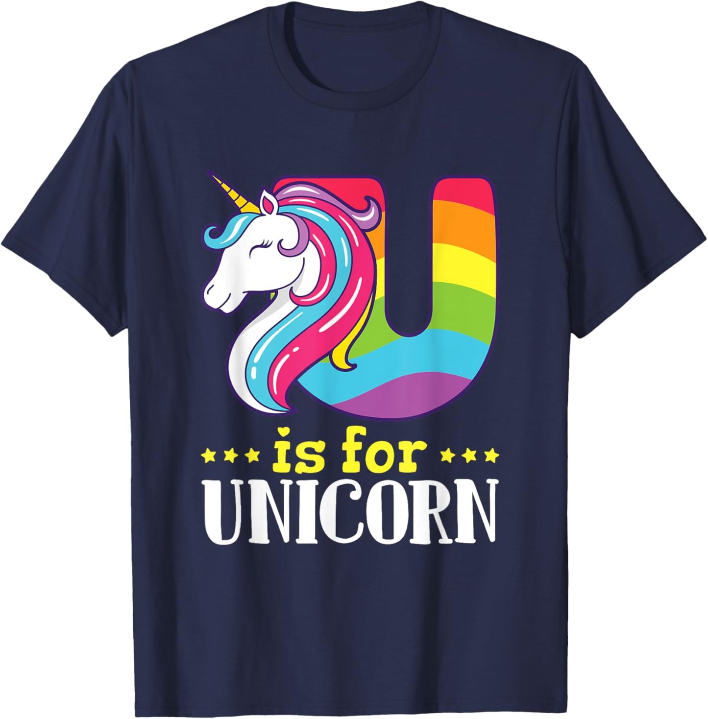 U Is for Unicorn Cute Alphabet Rainbow T-Shirt - T-Shirt | Navy