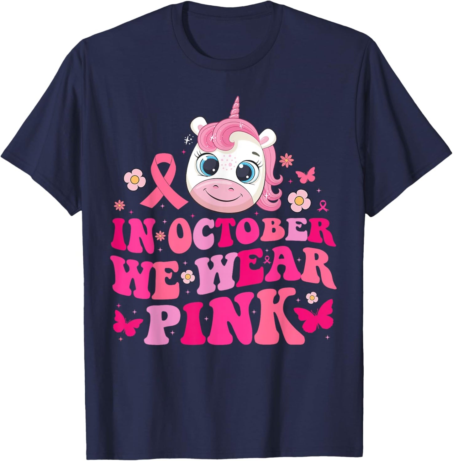 In October We Wear Pink Unicorn Breast Cancer Awareness Kids T-Shirt - T-Shirt | Navy