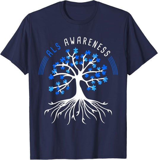 Blue Ribbon ALS Awareness Tree T-Shirt - T-Shirt | Navy