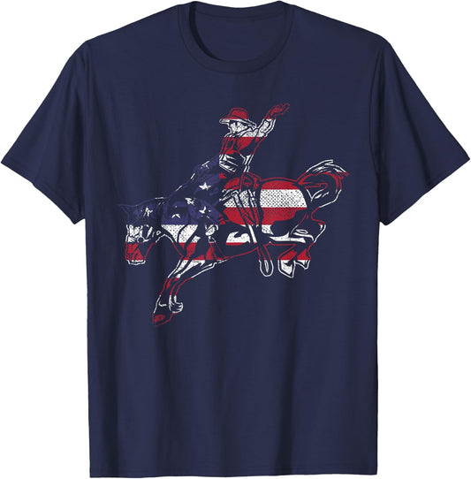 Fourth 4TH of July Horse Cowboy American Flag USA Patriotic T-Shirt - T-Shirt | Navy