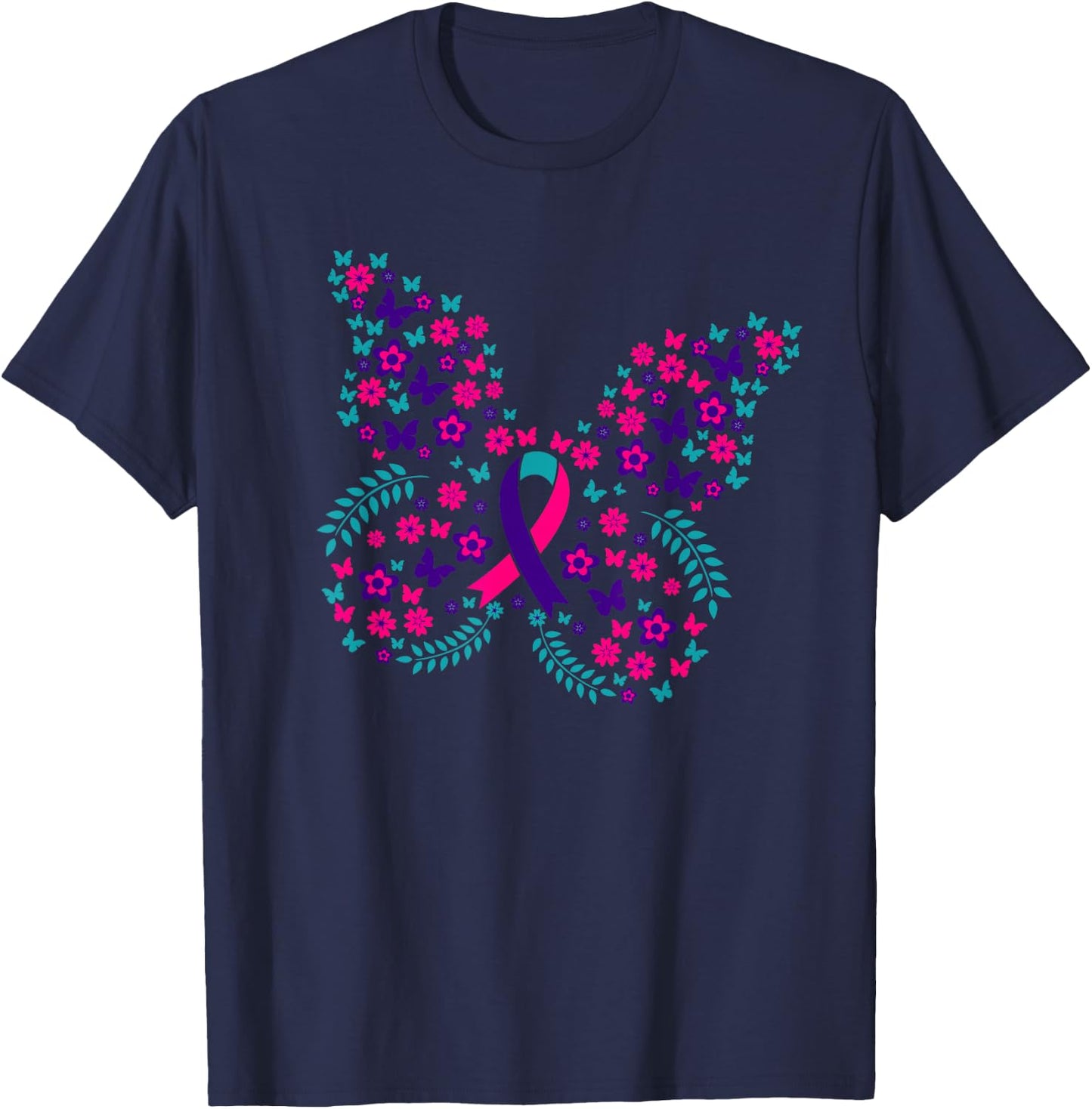 Flower Butterfly Thyroid Cancer Awareness Ribbon Gifts T-Shirt - T-Shirt | Navy