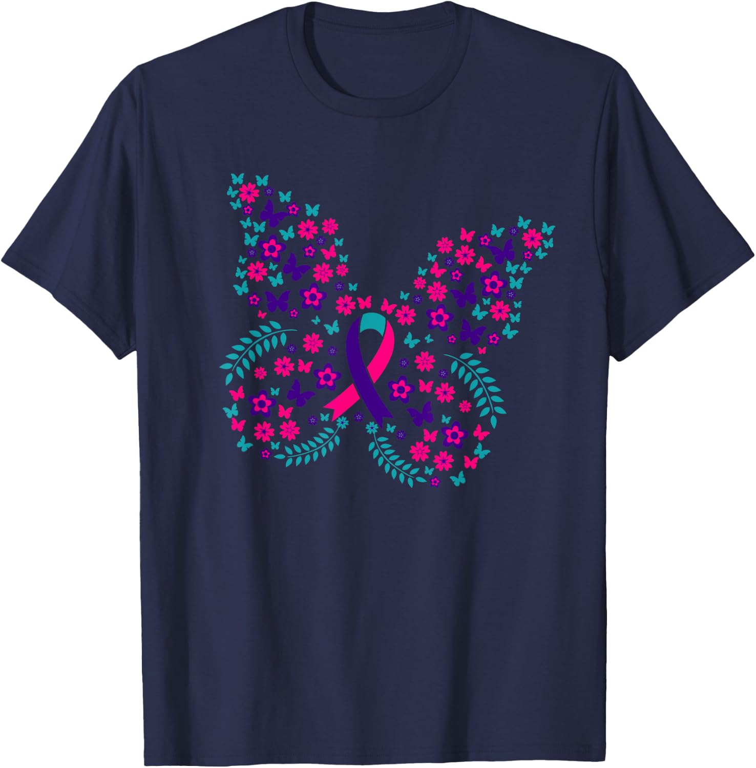 Flower Butterfly Thyroid Cancer Awareness Ribbon Gifts T-Shirt - T-Shirt | Navy