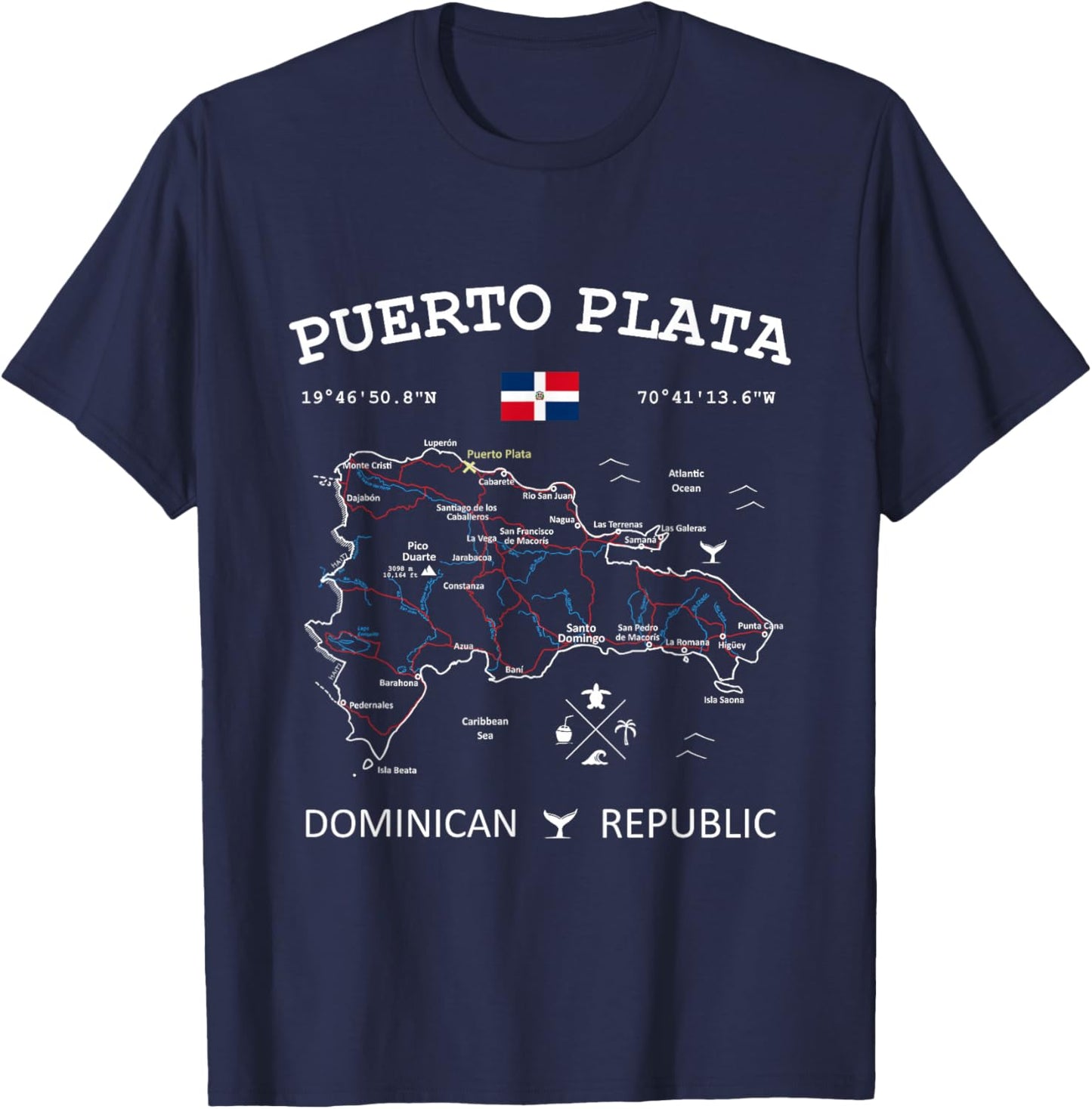 Puerto Plata Dominican Republic Flag Travel Map Coordinates T-Shirt - T-Shirt | Navy