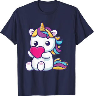 Unicorn Holding A Heart Rainbow Cute T-Shirt - T-Shirt | Navy