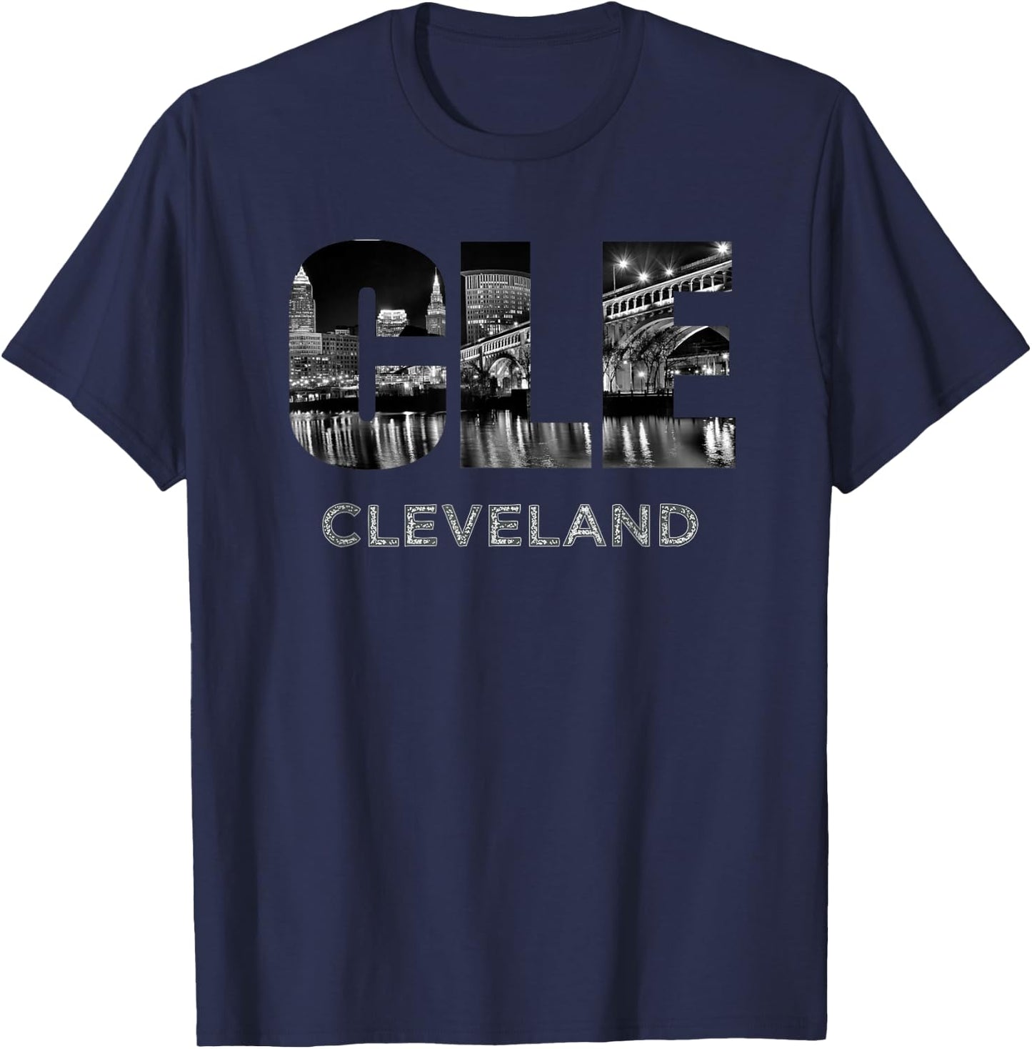 CLE The Land Night Downtown Cleveland Skyline Art Ohio Gifts T-Shirt - T-Shirt | Navy