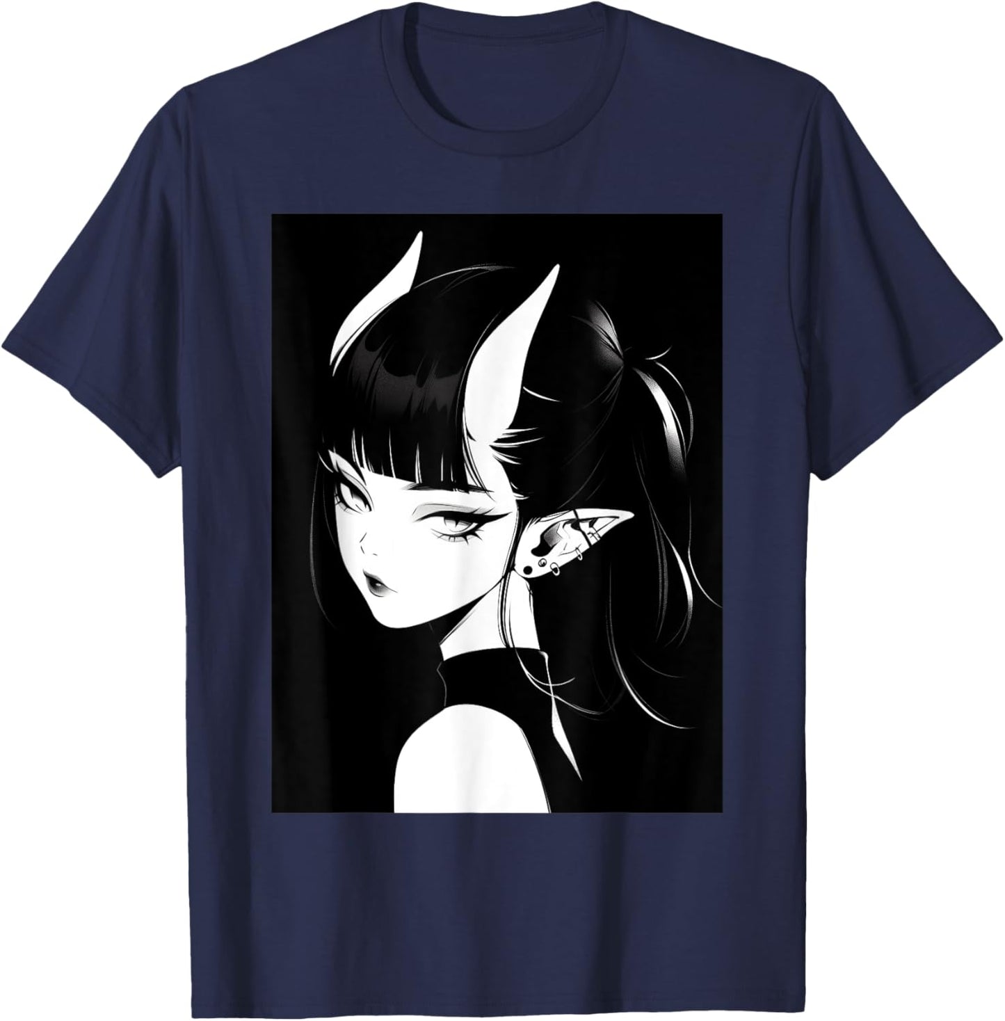 Anime Girl Horns Soft Grunge Waifu Gothic Girl T-Shirt - T-Shirt | Navy