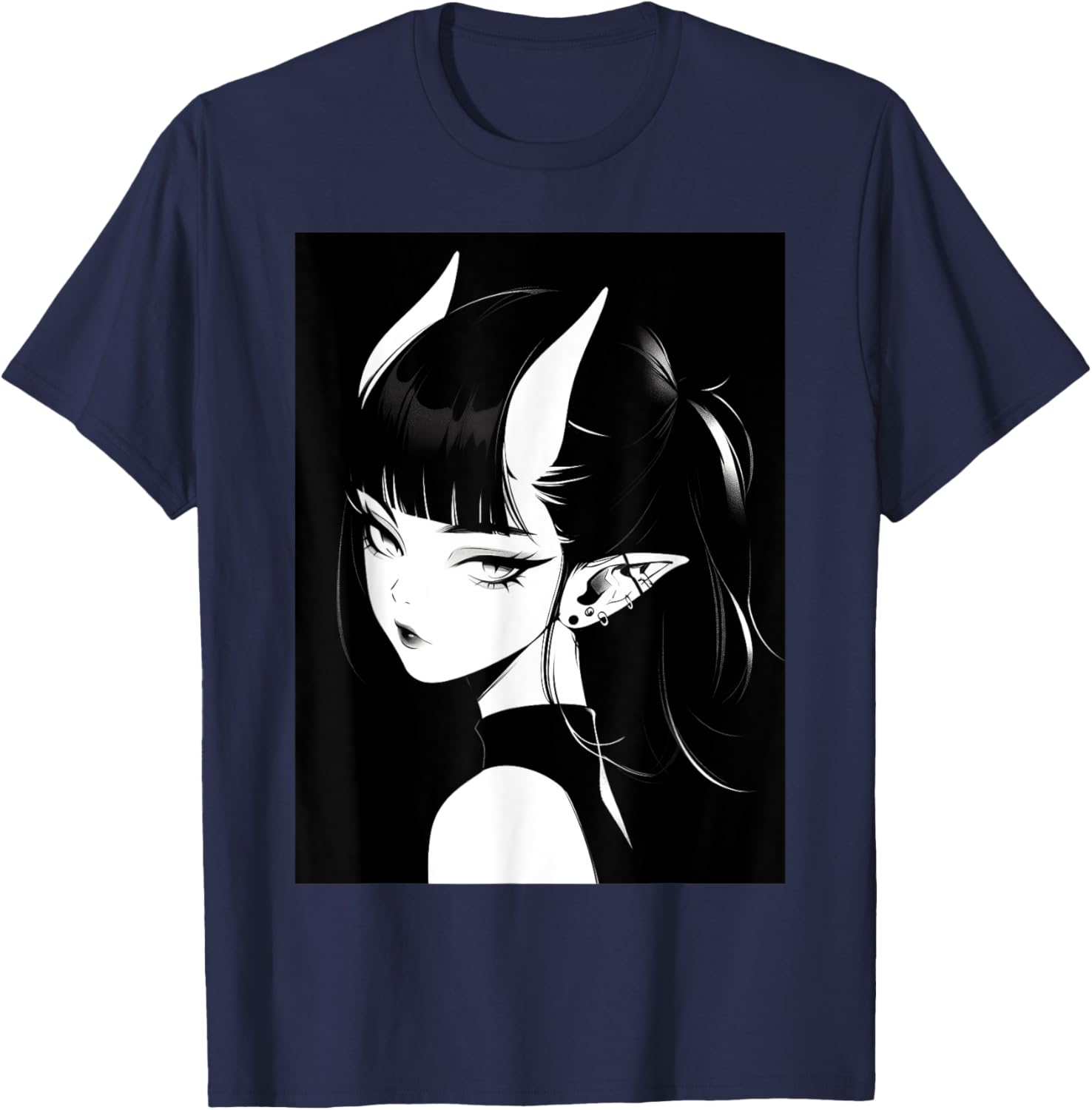 Anime Girl Horns Soft Grunge Waifu Gothic Girl T-Shirt - T-Shirt | Navy