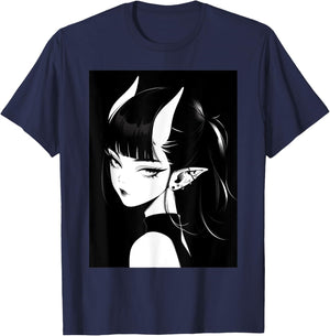 Anime Girl Horns Soft Grunge Waifu Gothic Girl T-Shirt - T-Shirt | Navy