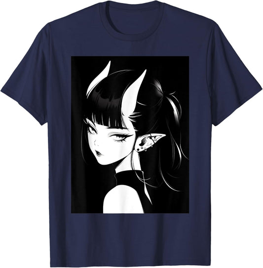 Anime Girl Horns Soft Grunge Waifu Gothic Girl T-Shirt - T-Shirt | Navy