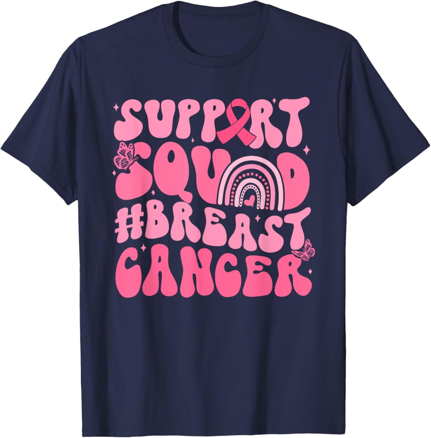 Boho Groovy Pink Rainbow Breast Cancer Support Squad T-Shirt - T-Shirt | Navy