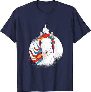 Crude Humor Funny Unicorn Middle Finger Sarcasm Adult Fun T-Shirt - T-Shirt | Navy