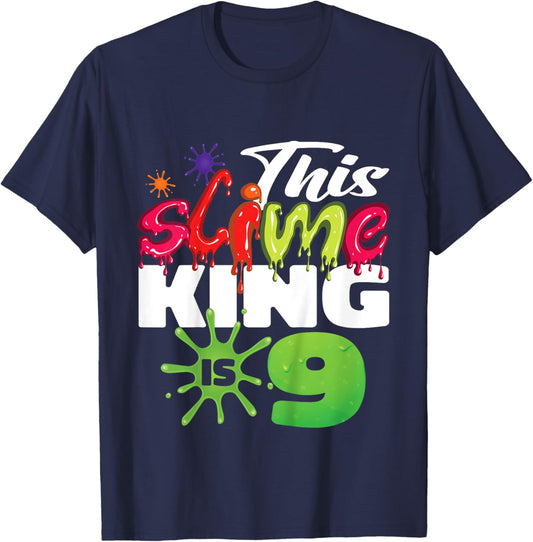 Kids This Slime King Is 9 Year Old Birthday Boy 9th Birthday T-Shirt - T-Shirt | Navy