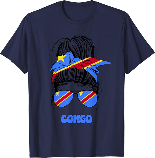 Congolese Women Messy Bun, Proud Congo Flag For Girls T-Shirt - T-Shirt | Navy