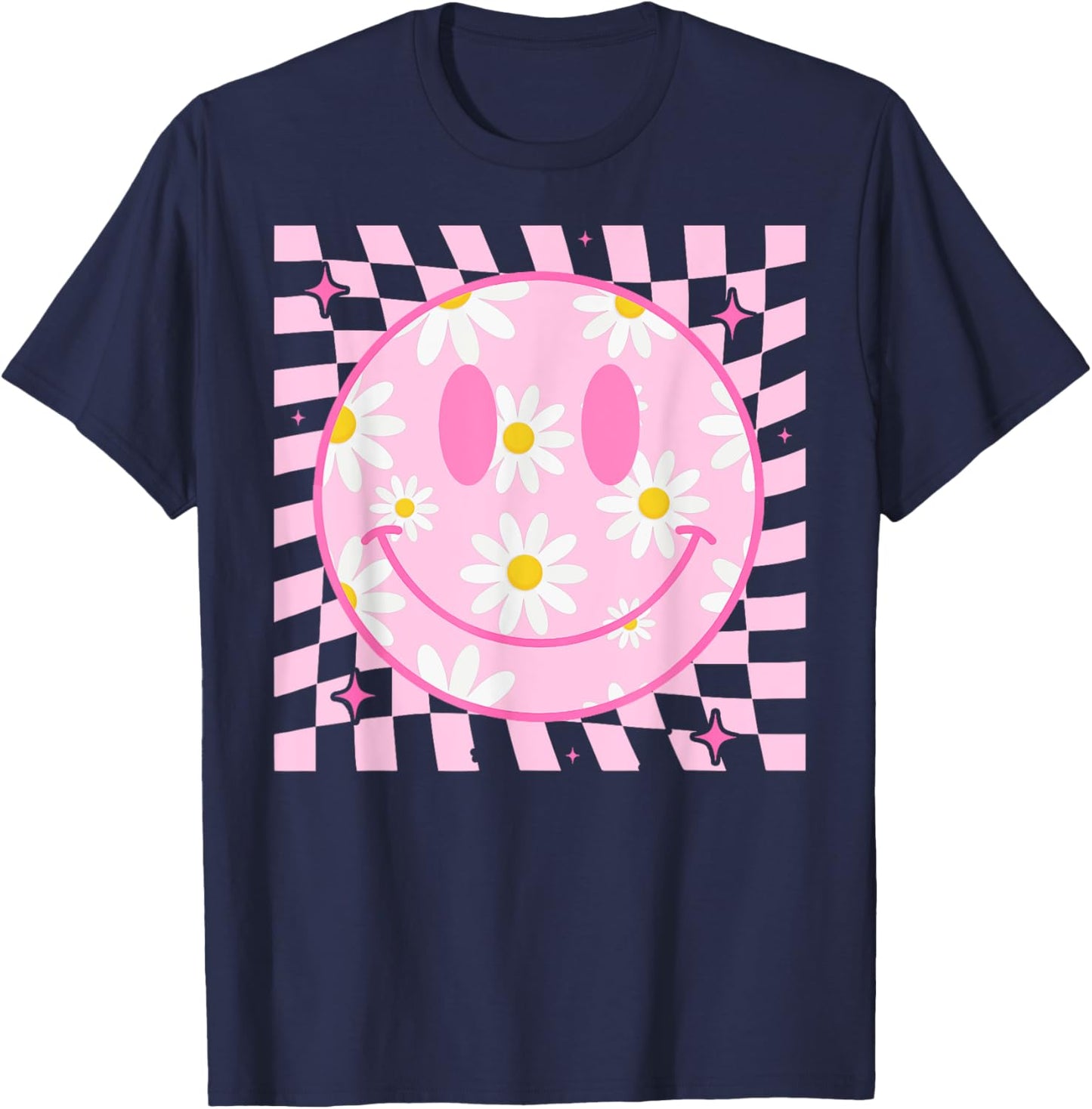 Retro Happy Smile Face Checkered Pattern Pink Daisy Flower T-Shirt - T-Shirt | Navy