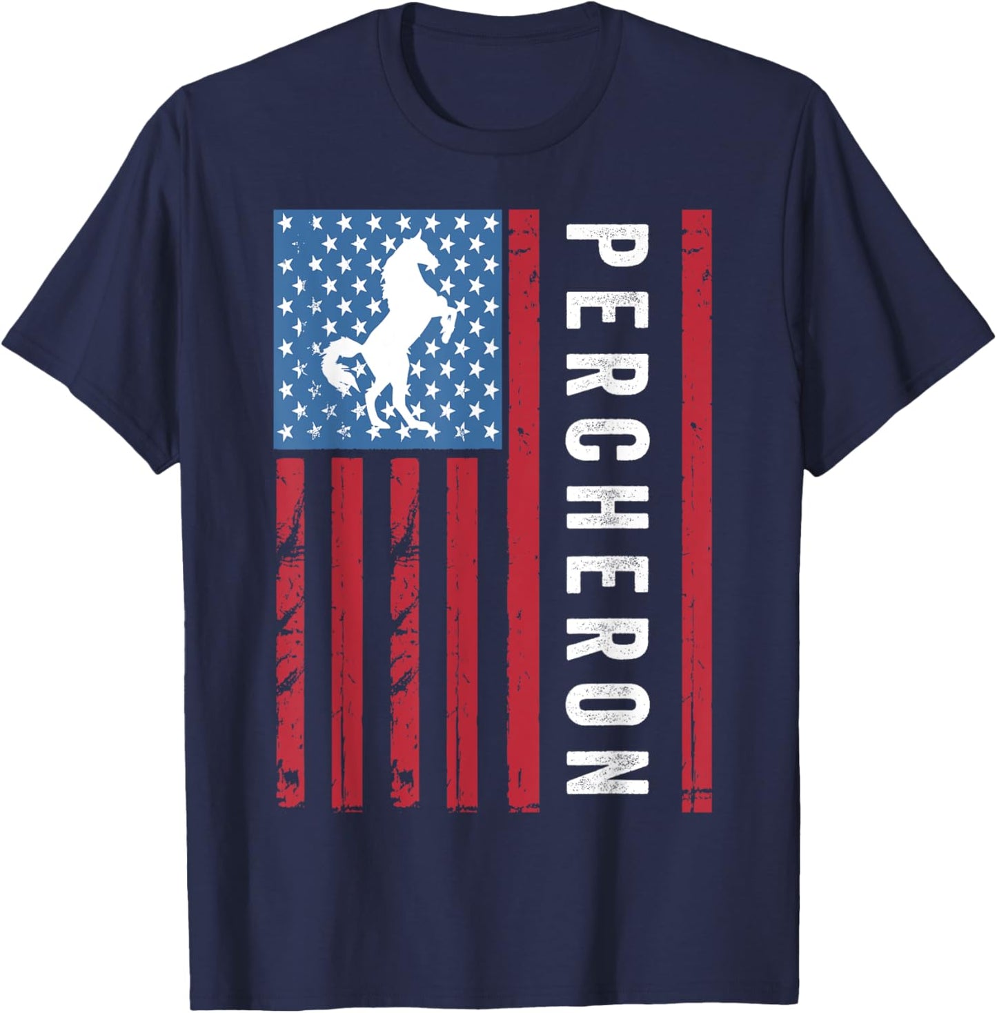 Percheron Horse with American Flag, Percheron Horse Women Kids Men T-Shirt - T-Shirt | Navy
