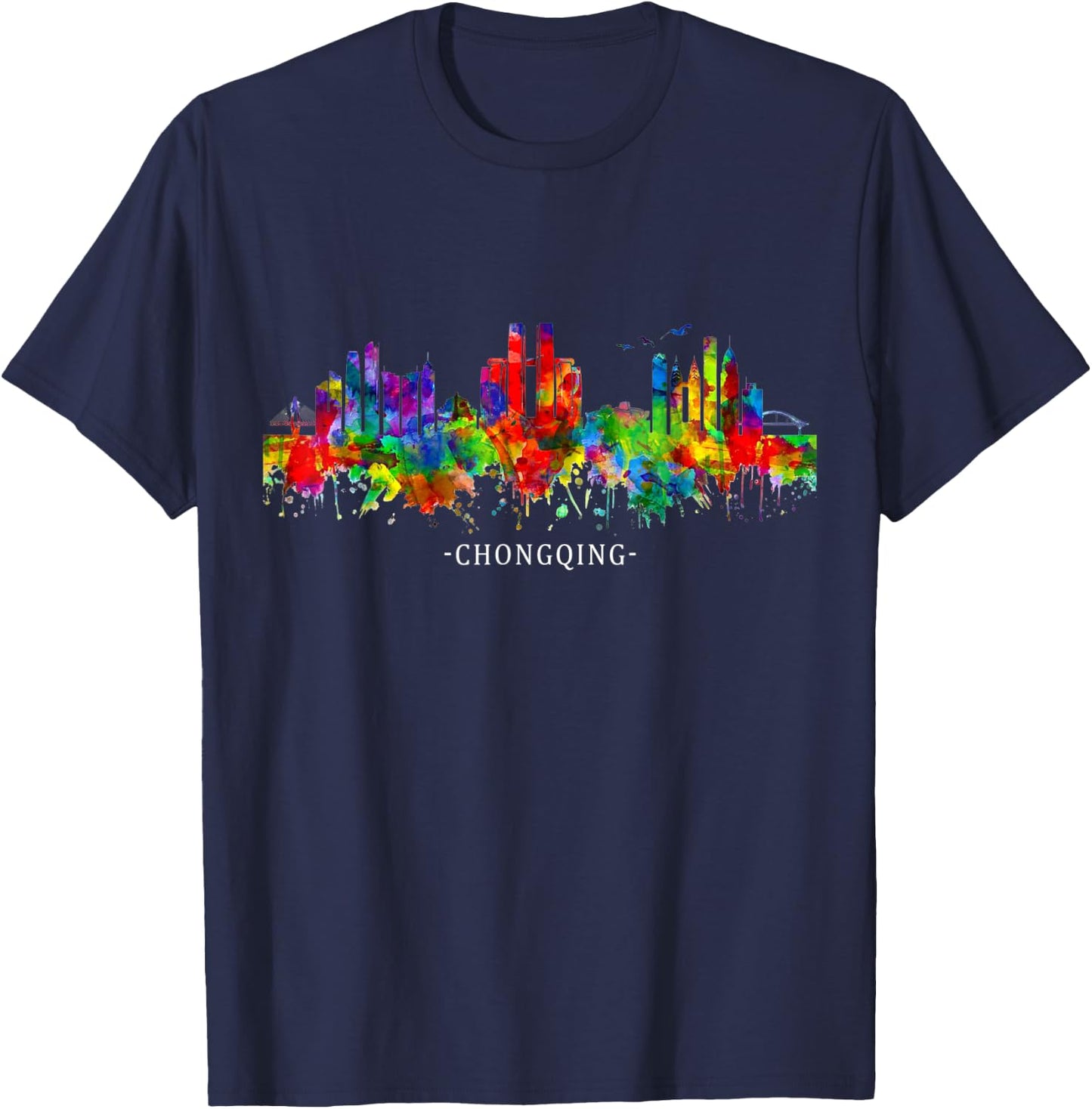 Watercolor Souvenir sky line chongqing china T-Shirt - T-Shirt | Navy
