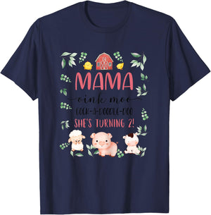 Mama Mom 2nd Birthday Oink Moo Cockadoodle Doo Second Bday T-Shirt - T-Shirt | Navy