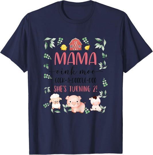 Mama Mom 2nd Birthday Oink Moo Cockadoodle Doo Second Bday T-Shirt - T-Shirt | Navy