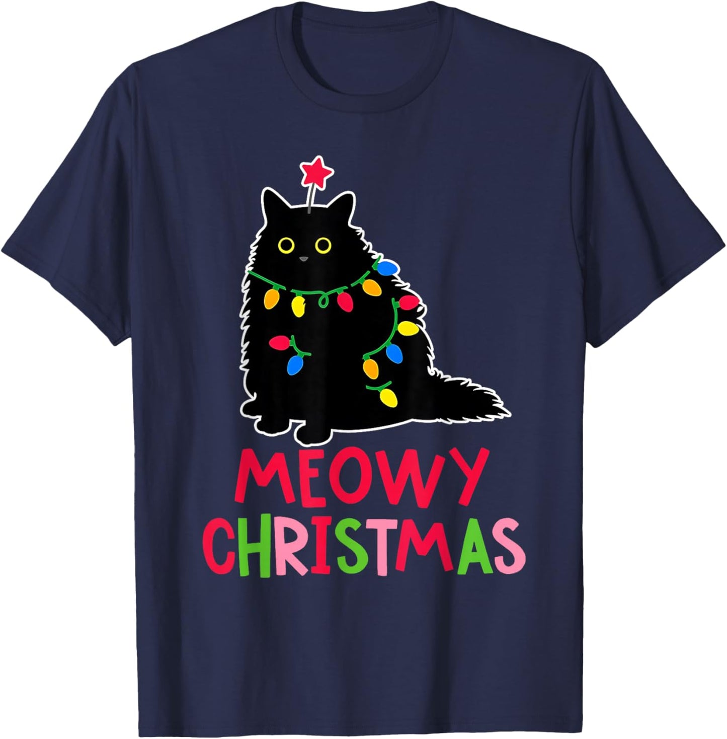 Meowy Christmas Xmas Lights Black Cat Pajamas Family Funny T-Shirt - T-Shirt | Navy