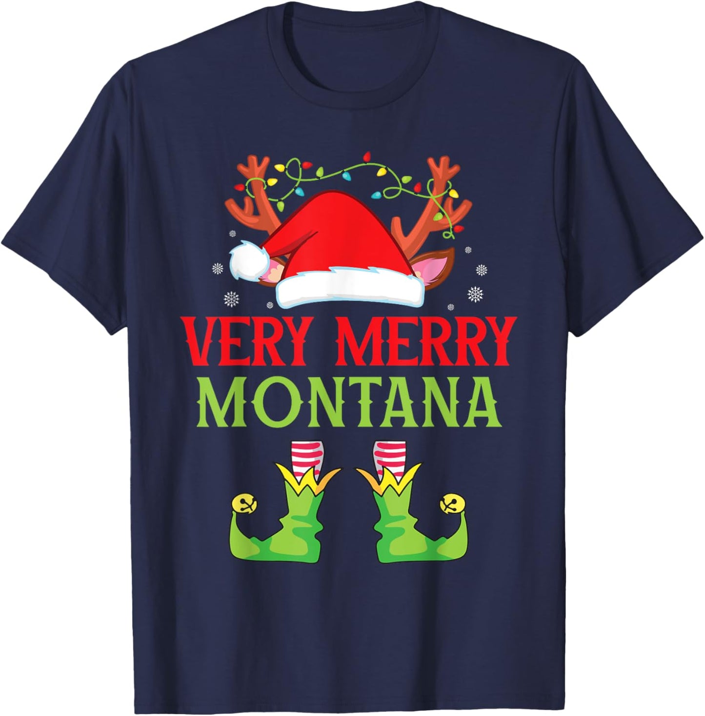 Festive Christmas Elf & Santa Claus Very Merry in MONTANA T-Shirt - T-Shirt | Navy