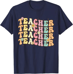 Retro Groovy Teacher Inspirational Colorful Back to School Men Women Girls Kids T-Shirt - T-Shirt | Navy