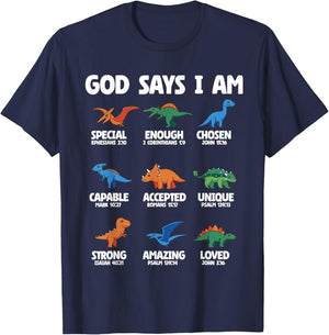 God Says I Am Dinosaur Lover Kids Boys Christian T-Shirt - T-Shirt | Navy