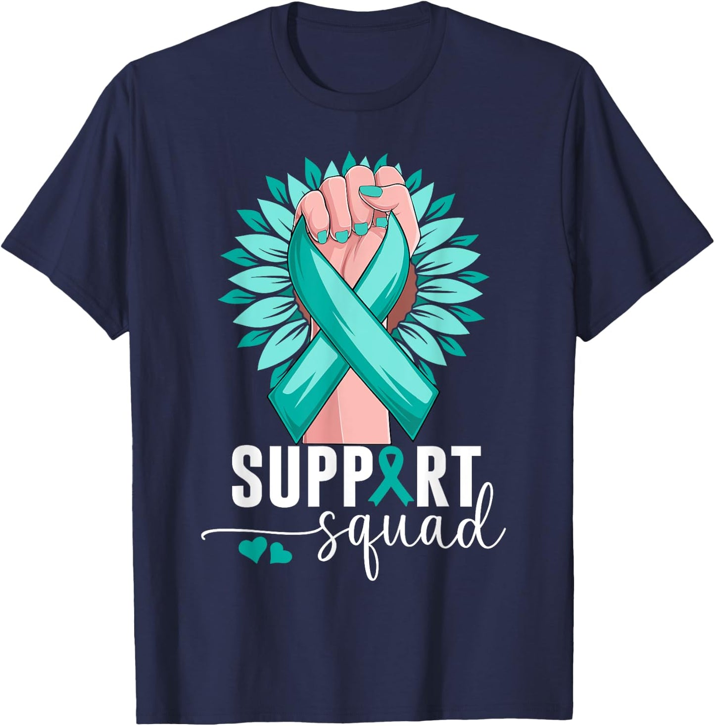 Support Squad Cervical Cancer Awareness Teal & White Ribbon T-Shirt - T-Shirt | Navy