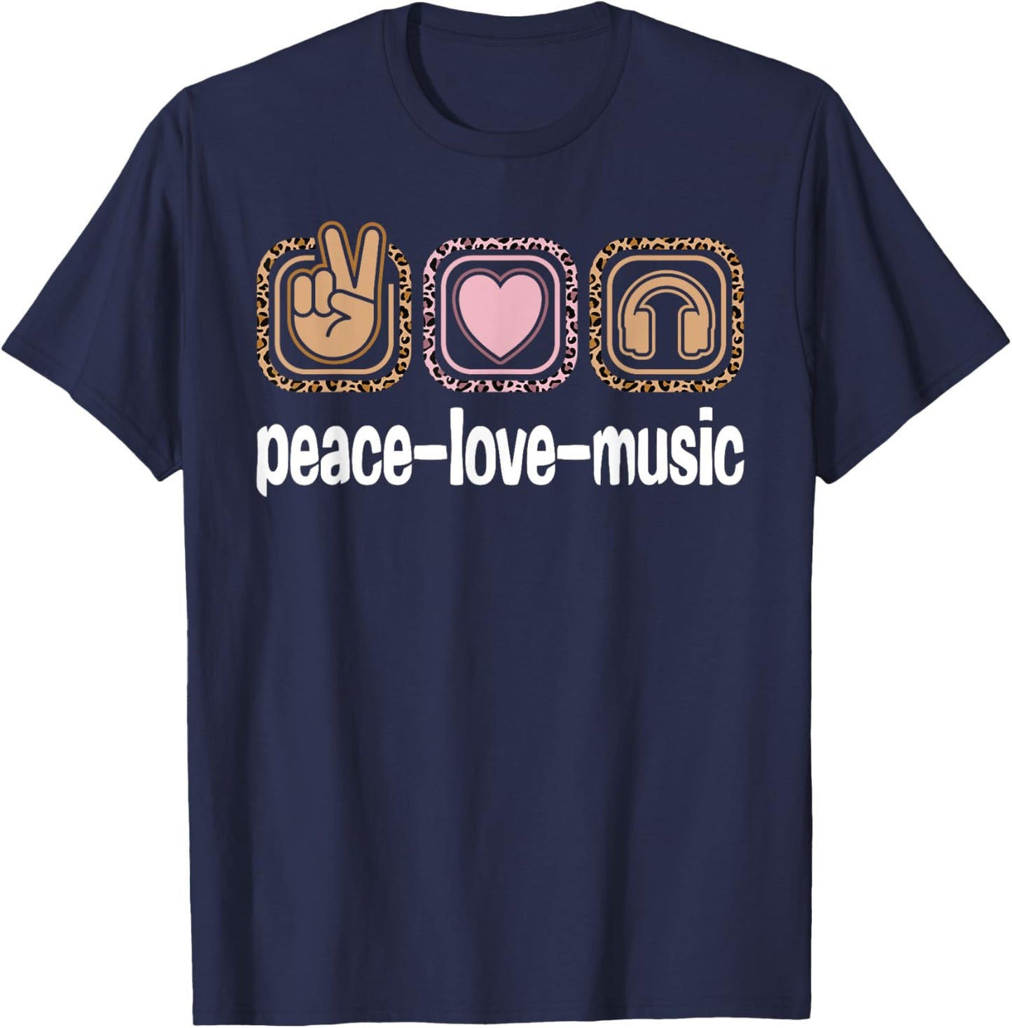 Music Lovers Leopard Print Women Girls Kids Peace Love Music T-Shirt - T-Shirt | Navy