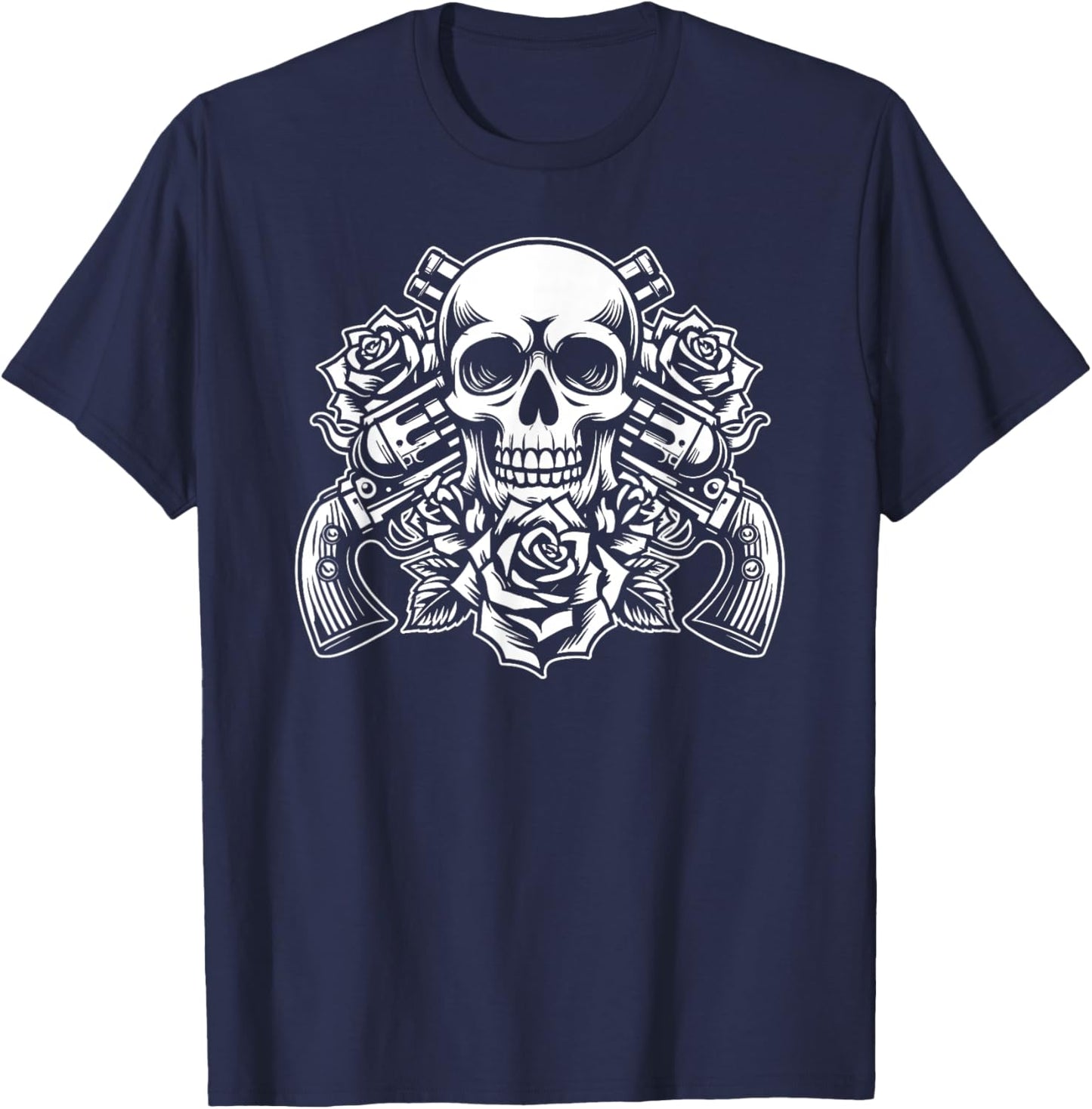 Skeleton Roses Glam Rock 80s - 1980s Guitar Guns Skull Roses T-Shirt - T-Shirt | Navy