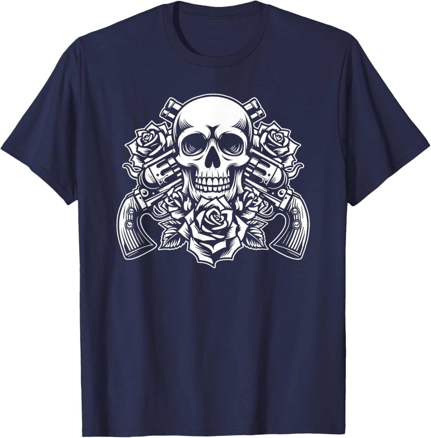 Skeleton Roses Glam Rock 80s - 1980s Guitar Guns Skull Roses T-Shirt - T-Shirt | Navy