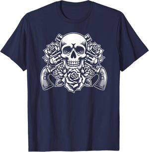 Skeleton Roses Glam Rock 80s - 1980s Guitar Guns Skull Roses T-Shirt - T-Shirt | Navy