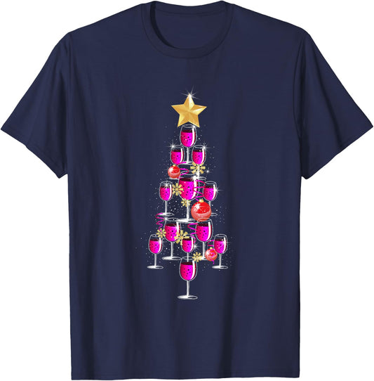 Christmas Tree Wine Glass Drinking Funny Christmas Gifts T-Shirt - T-Shirt | Navy