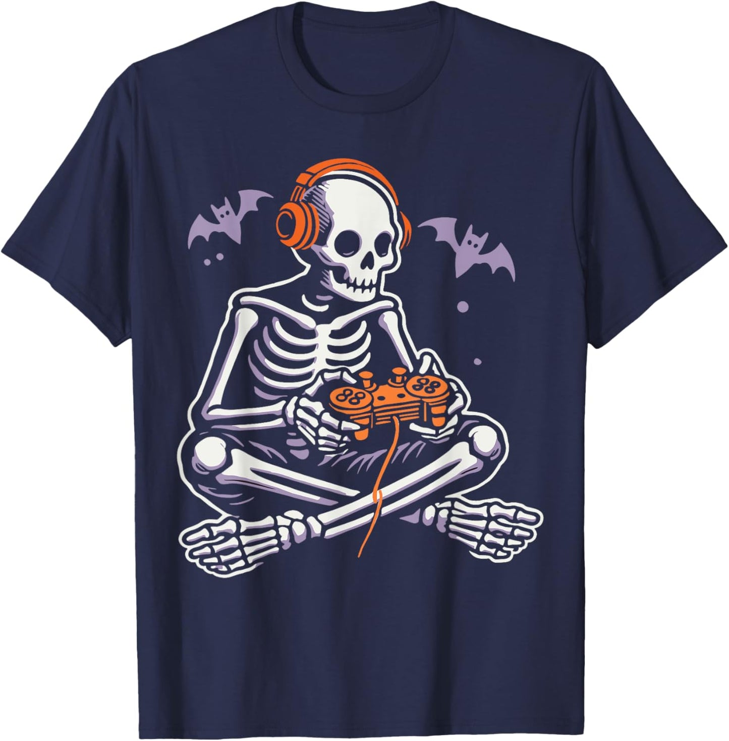 Spooky Skeleton Playing Video Games, Halloween Day Gamer T-Shirt - T-Shirt | Navy