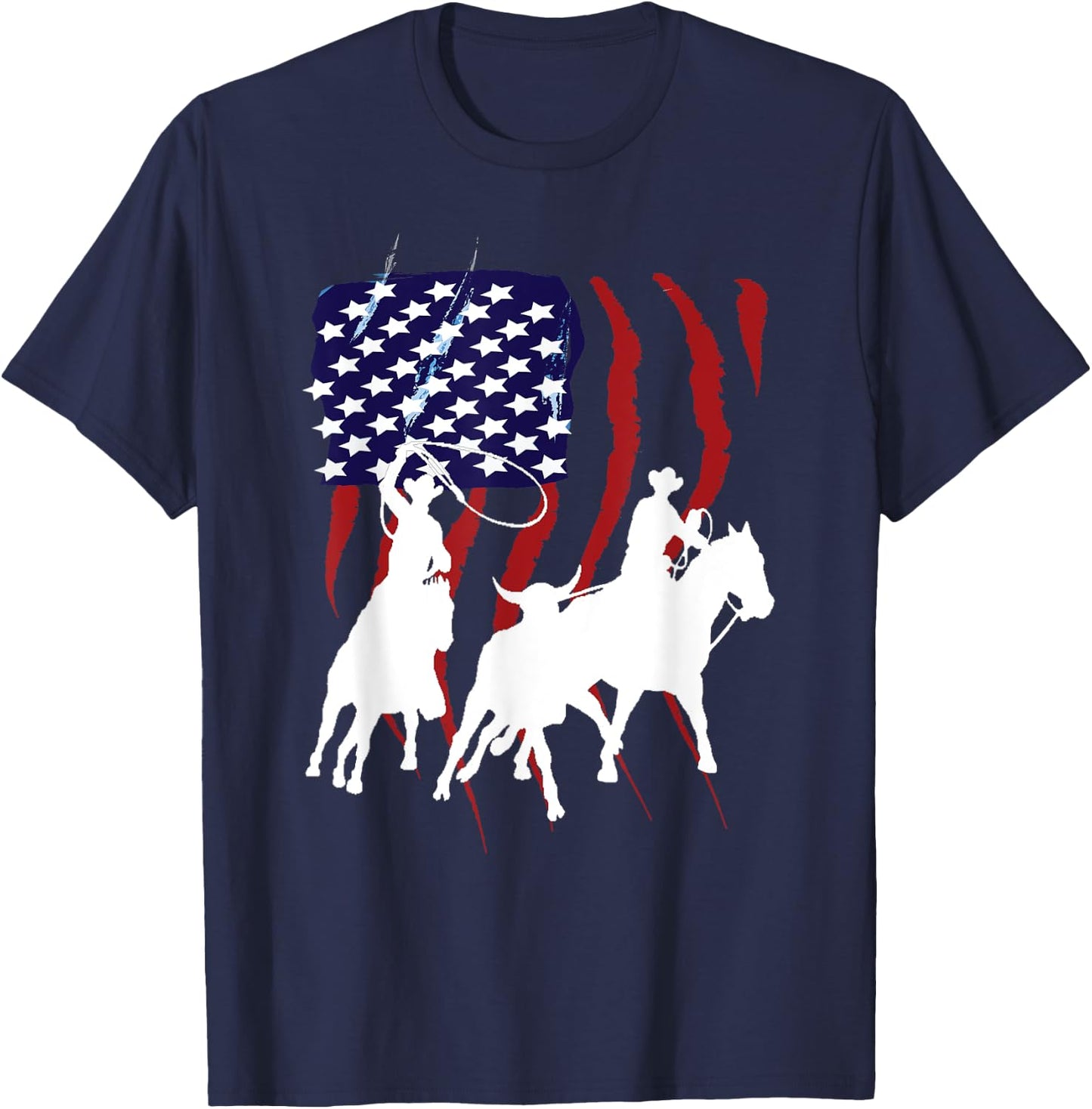 Rodeo Team Roping Distressed Grunge Cowboy American Flag T-Shirt - T-Shirt | Navy