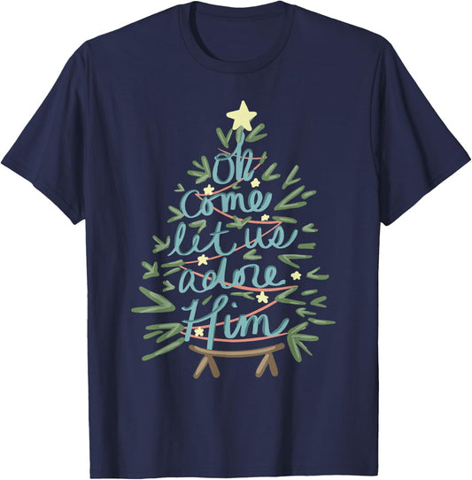 Oh Come Let Us Adore Him Christian Jesus Christmas Pajamas T-Shirt - T-Shirt | Navy
